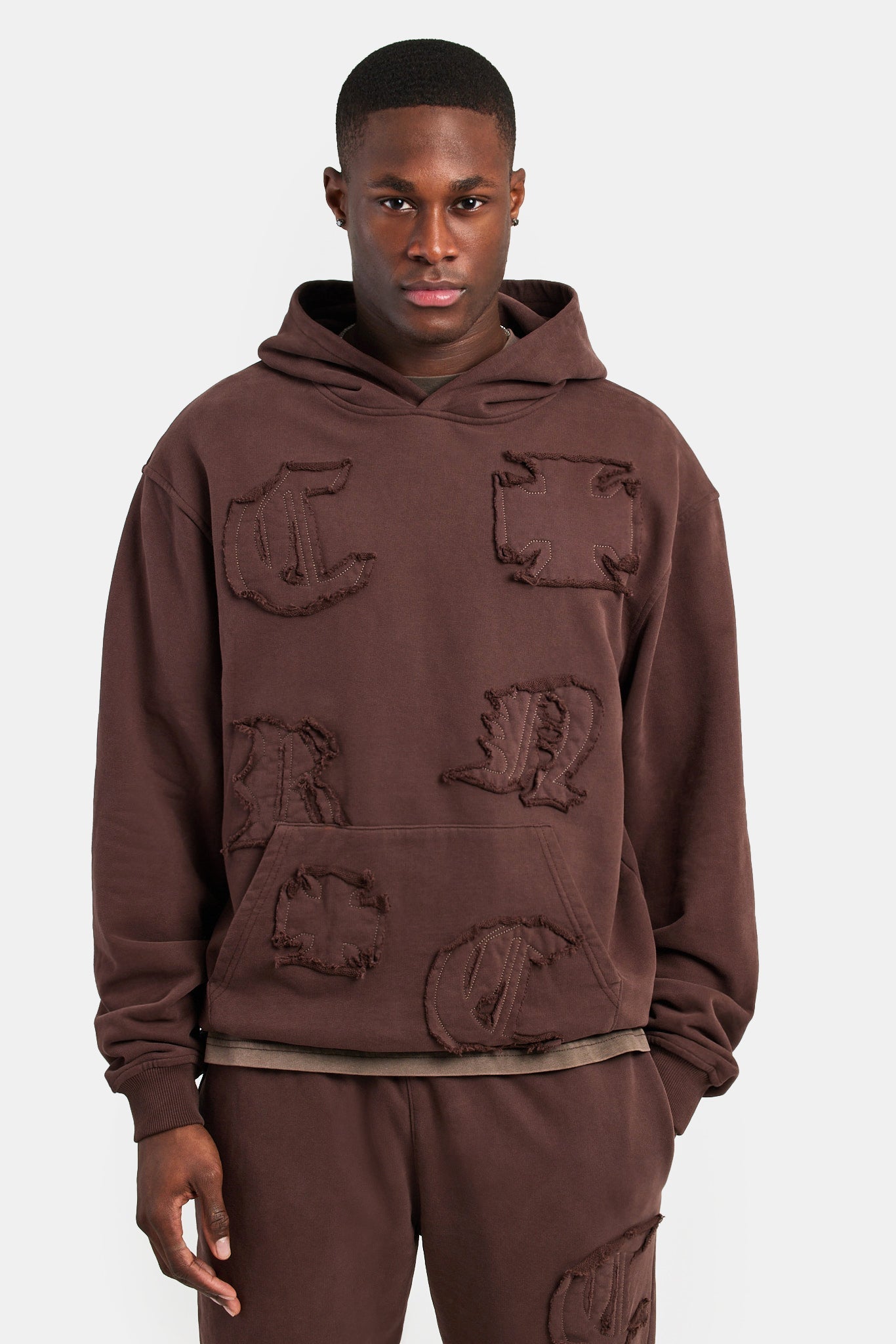 Raw Edge Applique Hoodie - Brown